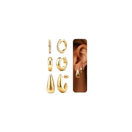 JeweBella 3 Pairs Gold Hoop Earrings for Women Chunky Earrings Hypoallergenic Huggie Earrings 18K Gold Plated Earrings Lightweight Cartilage Stackable Earrings Set(Gold/Silver)