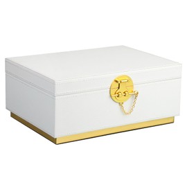 HofferRuffer Elegant Faux Leather Decorative Box, Storage Jewelry Box Organizer, Large Dresser Cosmetic Organizer Holder, Classic Jewelry Accessory Organizer, 11x8x4.8 inches (White)