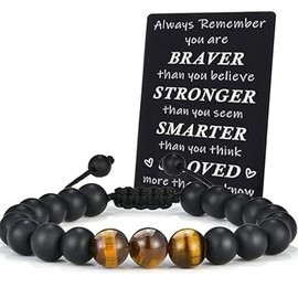 Gifts for Teen Boys/Men-Natural Gemstone Bracelet with Meaningful Metal Wallet Card,Tiger Eye/Agate Bracelet Gifts for Dad/Son/Grandson/Boyfriend/Husband on Graduation Fathers Day Anniversary Birthday