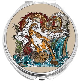 NewCharms Japanese Dragon and Tiger Compact with Mirrors - Perfect Pocket and Purse Size Folding Mirror for Applying Make Up Anywhere