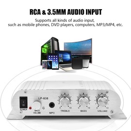 Mini HiFi 2.1 Stereo Bass Auto Car Home Audio Amplificador de Potencia Amplificador Digital, 15 W X 2 RMS, y Entrada de Audio de 3,5 Mm, Casa de Aluminio Liviana, para (Plata)