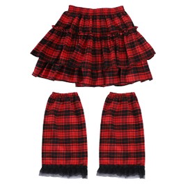 [TOKYO GOODS MARKET] [Kyu Ribon] Fluffy Elastic Waist Skirt Leg Cover Set, One Size Fits All (A/Red & Black Checker, One Size Fits All)