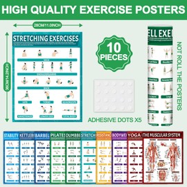 10Pcs Exercise Poster Set Workout Chart Posters for Home Gym Dumbbell Kettlebell Yoga Stretching Pilates Resistance Bands Stability Ball Body Weight Dumbbell Muscular System Fitness Knowledge Poster