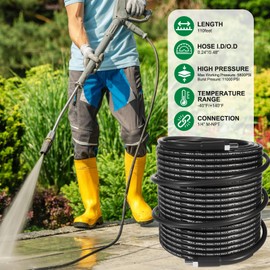 Sewer Jetter Kit for Pressure Washer 110FT, 5800PSI Drain Cleaner Hose 1/4 Inch NPT Corner, Rotating Button and Spray Sewer Jetting Nozzle, Water Jet Drain Cleaner Spanner Tape Pearl Corsage Pin Glove