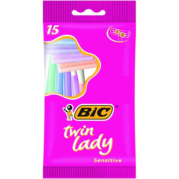 BIC Twin Lady Sensitive Razors, Disposable Razors with Two Blades for a Smooth and Precise Shave, Pack of 15