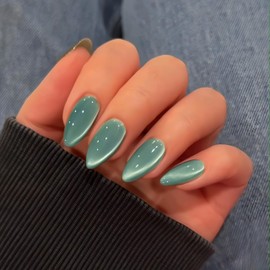 KQueenest Cat Eye Teal Green Press on Nails Almond Shape, 30 Pcs Glitter Fake Nails Medium, Thick Sparkly Glass Nails Press on, Shiny Acrylic Nails, Cute Bling Stick on Nails for Women