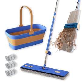 Microfiber mop,Flat mop for Hardwood,Laminate,Tile,and Vinyl Floors Cleaning,Wet and Dry mop.Long Handle,with 3 Washable Microfiber Pads (Mop & 3 Microfiber mop Pads & Folding Bucket)