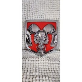 Red Truck Tailgate Skull  Emblem Orangish Red And Silver 5  5/8× 6  1/8