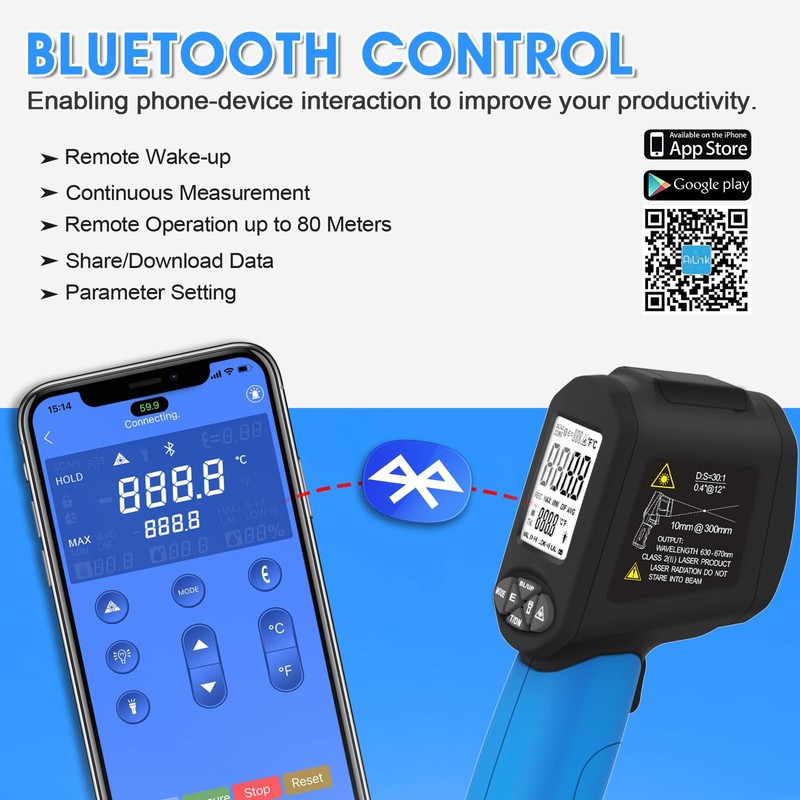 Infrared Thermometer Gun with Bluetooth APP -58°F to 2876°F, Digital