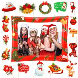 Christmas Photo Booth Props 53 PCS Set, Christmas Party Favors Large Christmas Photo Booth Frame 30x25.6 in and Christmas Pose Sign Picture Props Selfie for Xmas Winter Holiday New Year Game Decor