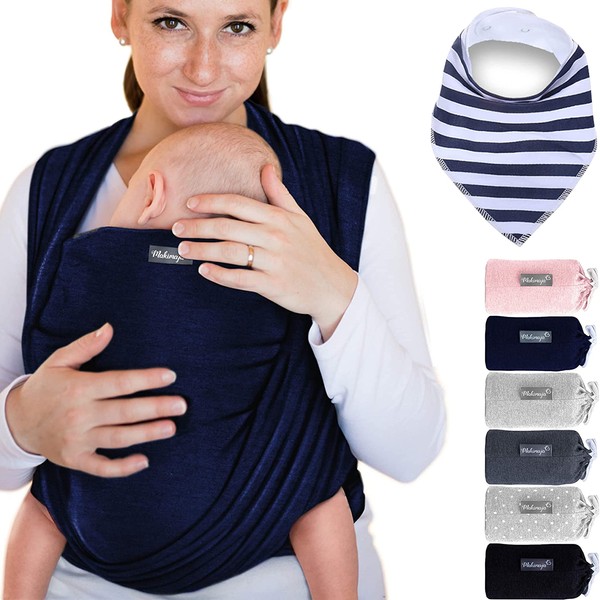 100% Cotton Baby Wrap Carrier - Navy Blue - Baby Carriers for Newborns and Babies Up to 15 Kg - Includes Storage Bag and Bib - Manufactured with Love by Makimaja