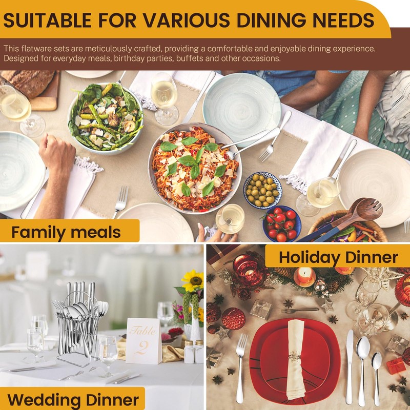 24 Pieces Silverware Set with Hanging Rack Caddy, Stainless Steel