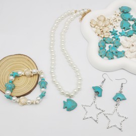 Julie Wang 55PCS Man-made Turquoise Beads Blue White Starfish Turtle Dolphin Fish Ocean Charms for Jewelry Making Summer Beach Beads Sea Pendants Necklace Earring Bracelet Craft DIY Findings