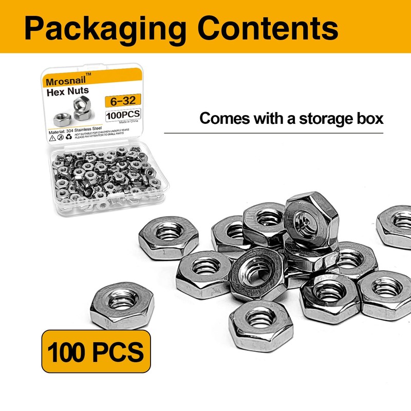 Mrosnail 100PCS SAE 6-32 Hex Nuts Assortment Kit, 304 Stainless