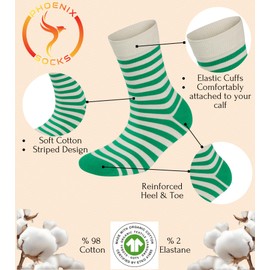 Phoenix Socks 3 Pairs Socks for Womens Cotton Casual Crew Sock Colorful Wide Striped Calf Socks Stylish and Cute Soft Dress Hosiery Breathable Moisture Wicking Fit Snug and Reinforced (Green)