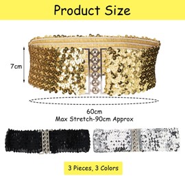 Pack of 3 Elastic Belts for Women, Glittering Belts for Women, Elastic Belt with Sequins, Glittering Belt, Costume Accessory Belt, black