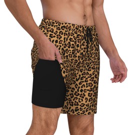 Leopard Print Men's Swim Trunks with Compression Liner 2 in 1 Inseam Quick Dry Cheetah Beach Shorts 7 in Swimming Board Short S