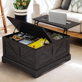 LOUVIXA Vintage Storage Coffee Table, Lift Top Coffee Table, Square Center Table, Living Room Tables, Wood Tea Table (Retro Brown)