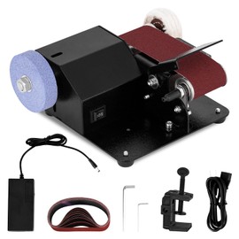 Mini Electric Belt Sander1.97x13-inch Small Bench Grinder Disc Sander Machine Seven Speed Control, with Sanding Wheel, Polishing Wheel and Desktop Clamp