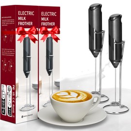 YSSOA Electric Milk Frother Handheld with Stainless Steel Stand Battery Operated Whisk Drink Mixer for Coffee, Frappe, Latte, Matcha, Hot Chocolate, Black 2 Pack