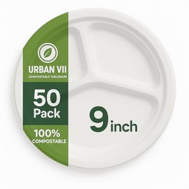 URBAN VII 9-Inch Compostable Paper Plates [50-Pack] – Heavy-Duty Disposable Plates Made from Bagasse (Sugarcane Fiber), Eco-Friendly Biodegradable Dinnerware, Microwave-Safe & Leak-Proof