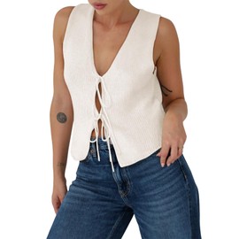 Yousify Womens Sweater Vests Tie Front Knit Vest Summer Ribbed Tank Tops Y2k Cute Vests Fashion Casual Sleeveless Tops White