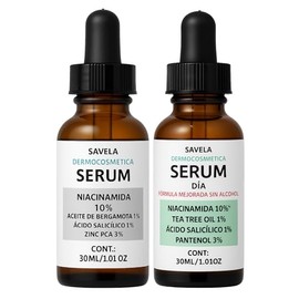 2 Serum, Suero Día y noche, Niacinamida 10% , Ácido Salicílico1%, Pantenol 3% , Zinc PCA3% , Tea tree oil 1% , Aceite de Bergamota, Hidratante, limpiador fácial, luminosidad y unificación de tono de piel, cutis graso o mixto 30ml c/u