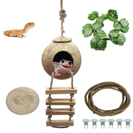 Tfwadmx Crested Gecko Coco Hut Natural Lizard Coconut Shell Hideout Home Mini Condo Reptiles Durable Ladder Cave Habitat Hanging Loop Climbing Porch Hiding Nest House(4 Pcs)