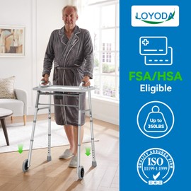 Loyoda Folding Walker with Tray, 5" Wheels Lightweight Walkers for Seniors and Adults, Supports Up to 350 Pounds, Adjustable Height, Compact Standard Walker, Silver