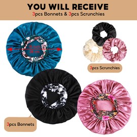 3+3 Large Satin Bonnets with Scrunchies for Women, Wide Band Hair Bonnet for Sleeping Braids Curly Hair, D
