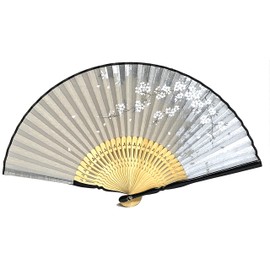 Hanakanzashi Women's Folding Fan Set, Fan Bag with Fan Holder, Silver Leak, Silver Sensu, Pearl Painted Cherry Blossom Pattern, Japanese Pattern, White Background, High Quality Fan, For Women, 8.3