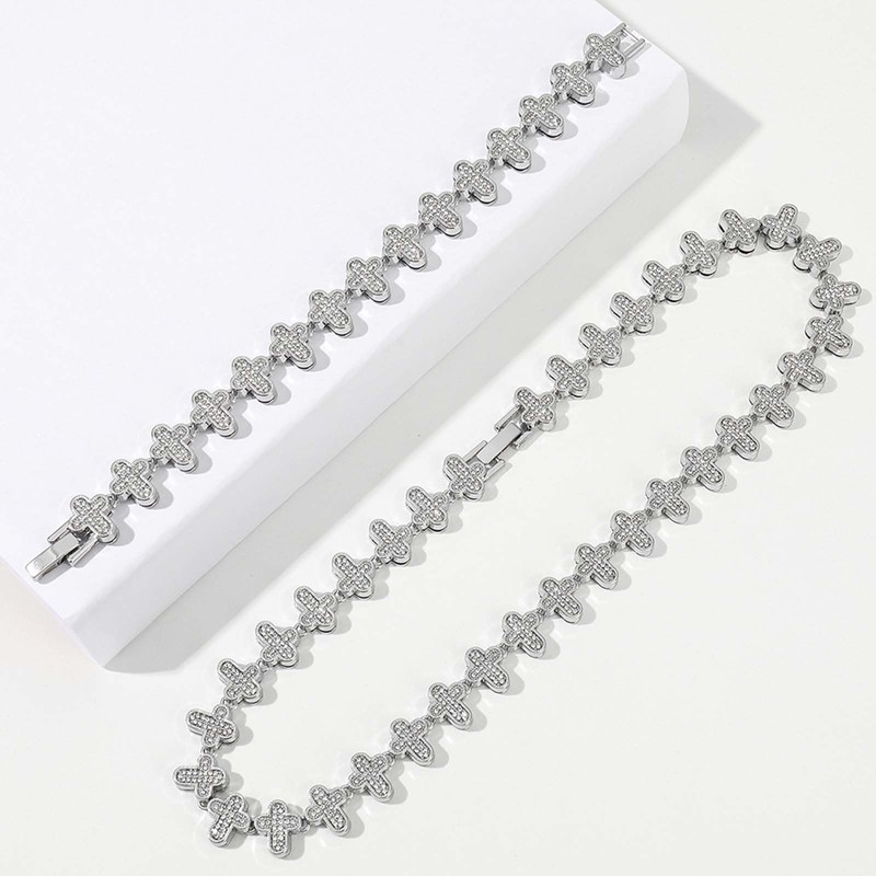Xikui Rhinestone Cross-style Cuban Chain, Silver-plated Gold-plated Bling Necklace, 13MM