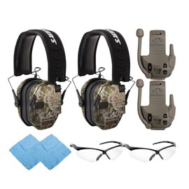 Walker's Razor Slim Electronic Muff (Kryptek Camo) (2-Pack) Bundle with Walkie Talkie Attachment (Flat Dark Earth) (2-Pack), Sport Glasses (Clear) (2-Pack), and Cleaning Cloth (2-Pack) (8 Items)