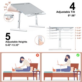 Laptop Stand for Bed, Potuopy Leather Adjustable Bed Desk Table Tray, X-Large Folding Lap Desk with Drawer for Eating Writing Drawing Working on Couch Floor, Grey