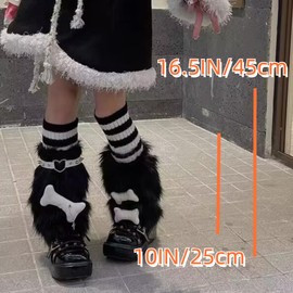 CHERSE Furry Leg Warmers for Women 3in1 Kawaii Star Bone Plush Faux Fur Y2K Pink Lolita Leg Socks 80s Outfit Harajuku Punk Knee High Preppy Gothic (Black Bone Stripe 3in1)