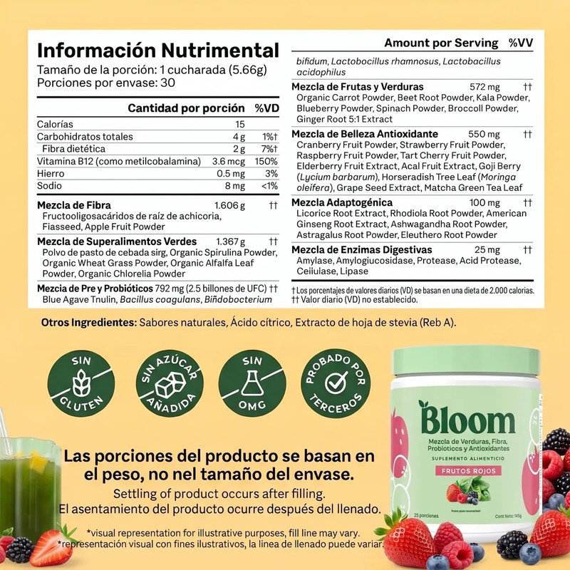 Bloom Greens, Fibra Y Probióticos 25 Porciones, Frutos Rojos