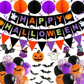 Halloween Party Decorations, 70PCs Halloween Decorations Indoor Set Including HAPPY HALLOWEEN Banner Bat Stickers Hanging Garland Swirl Streamers Purple Orange Black Balloons for Classroom Home Decor