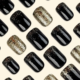 24Pcs Black Press on Nails Square Short Glue on Nails Full Cover Fake Nails Women Nail Press ons with Gold Glitter Designs Acrylic Solid Color Stick on Nails Glossy Artificial Nails