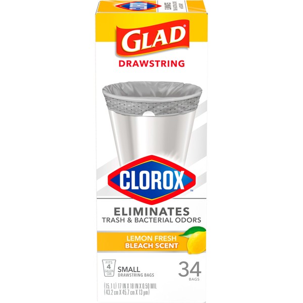 Bolsas de basura con cordón pequeño Glad con Clorox™, bolsas de basura grises de 4 galones, aroma a lejía fresco a limón, 34 unidades