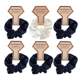 OWITER Satin Bridesmaid Scrunchies Bachelorette Hair Ties Set of 6 Bridal Shower No Damage Hairties ideas Gift for Wedding Party (navy)