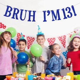 Bruh I'm 13 Banner, Cheers to 12 Years/Look at You Turning 13 Funny 13th Birthday Decoration Backdrop Gifts for Celebrate 13th Birthday, Funny 13th Birthday Party Banner Sign for Teens, Blue Glitter