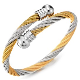Mens Women Elastic Adjustable Classic Steel Twisted Cable Cuff Bangle Bracelet, Silver Gold Two-tone
