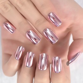 Metallic Mirror Rose Pink Fake Nails Normal Light Pink Ladies Shiny Surface Acrylic Nail Art Tips Several Colors Press On Nail Tips Metal Fingernail Reusable Manicure Pure Color Designed
