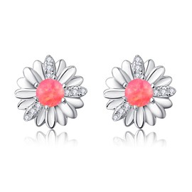 KINGWHYTE Daisy Flower Earrings S925 Sterling Silver Opal Studs Earrings Daisy Earrings Birthday Jewelry Gift for Women(Red Opal)