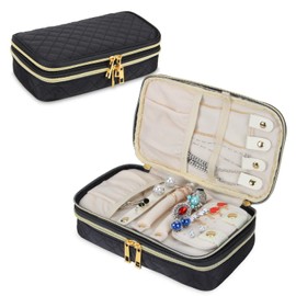 Teamoy Travel Jewellery Box, Quilted Double Layer Jewellery Travel Case with Compartments, Necklace Holder, Earrings Panel and Ring Holder, Black