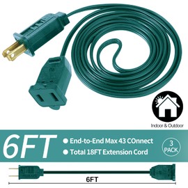 3 Pack Green Extension Cord 6 Feet 2 Prong Extension Cord for Christmas Lights Waterproof with 2 Pole Brass Straight Blades Polarized Plug, for Connect/Extend Christmas Light Indoor Outdoor (18Ft)
