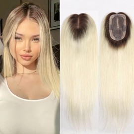 HAPPY&CC Dark Brown Rooted Human Hair Topper for Women No Bangs Thinning 3x5 Inch Mono Large Bases Clip In Topper Wiglets Top Hair Pieces for Women Coverage Hairpieces Ombre Platinum Blonde 16 Inch