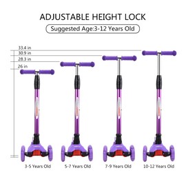 ChromeWheels Scooters for Kids, Deluxe 3 Wheels Kick Scooter 4 Adjustable Height 132lbs Weight Limit, Lean to Steer LED Light Up Wheel, Best Gifts for Girls Boys Ages 3-12 Years Old, Purple