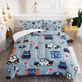 DYcolor Cartoon Police car Printed Quilt, 3pcs Policeman Vehicle City Building Automobile Comforter Set with 1 Comforter & 2 Pillow Cases for Kids, Boys, Teens (Grey, Twin)