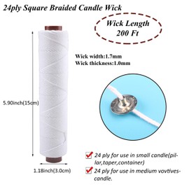 MILIVIXAY 24ply Square Braided Candle Wick Bundle:200 Foot Spool Cotton Wicks, 200 pcs Candle Wick Sustainer Tabs(Dia:0.49"(12.5mm)), 200pcs Wick Glue and 2pcs Wooden Wick Holders.
